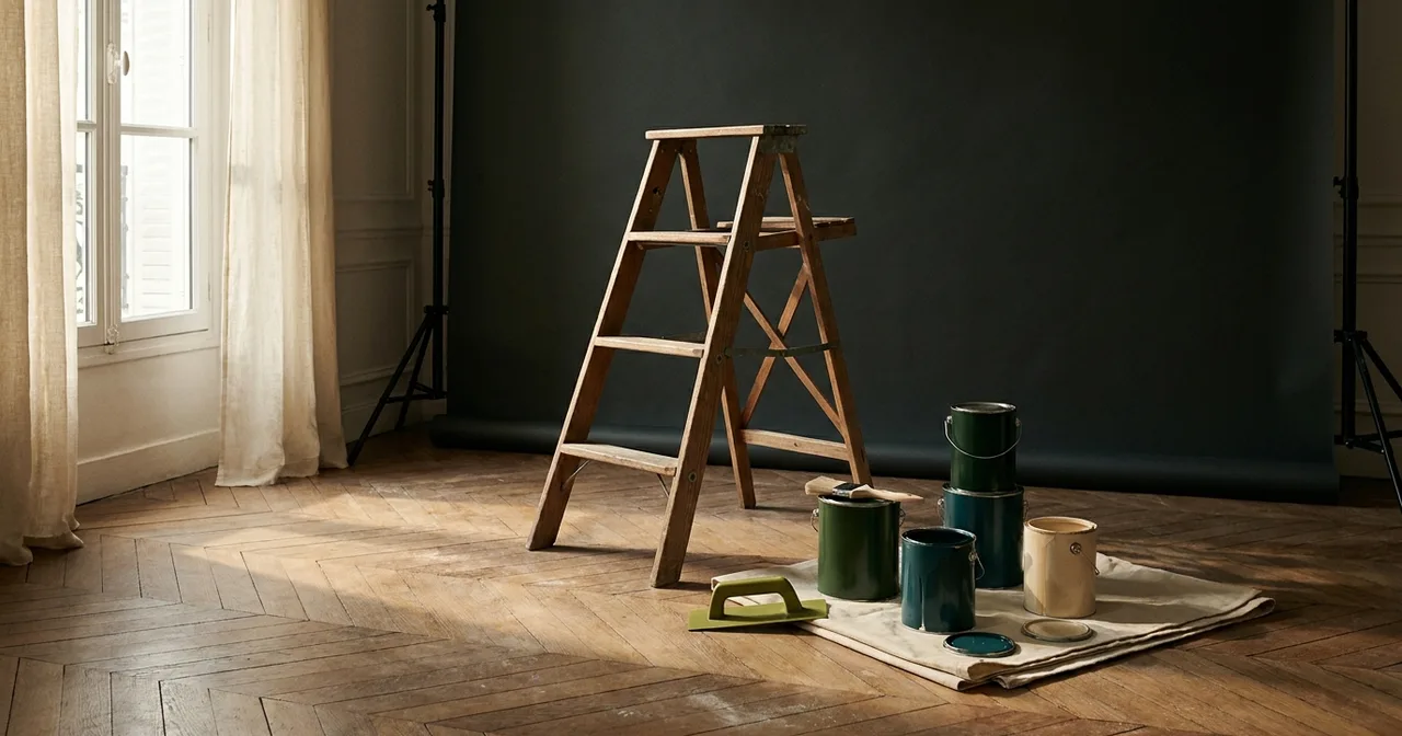 Appartement haussmannien en travaux : parquet, escabeau et pots de peinture vert et crème