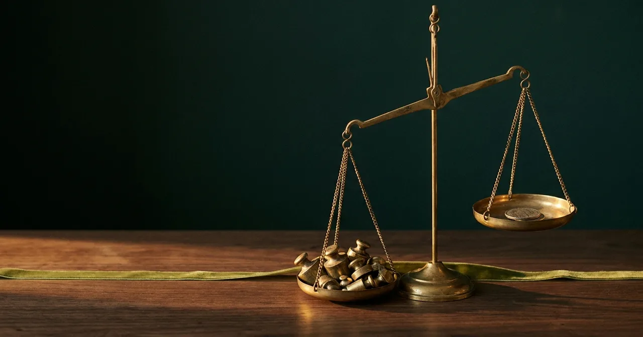 Balance de laiton ancienne sur un bureau en noyer sombre, un plateau chargé de petits poids, l’autre d’une seule pièce